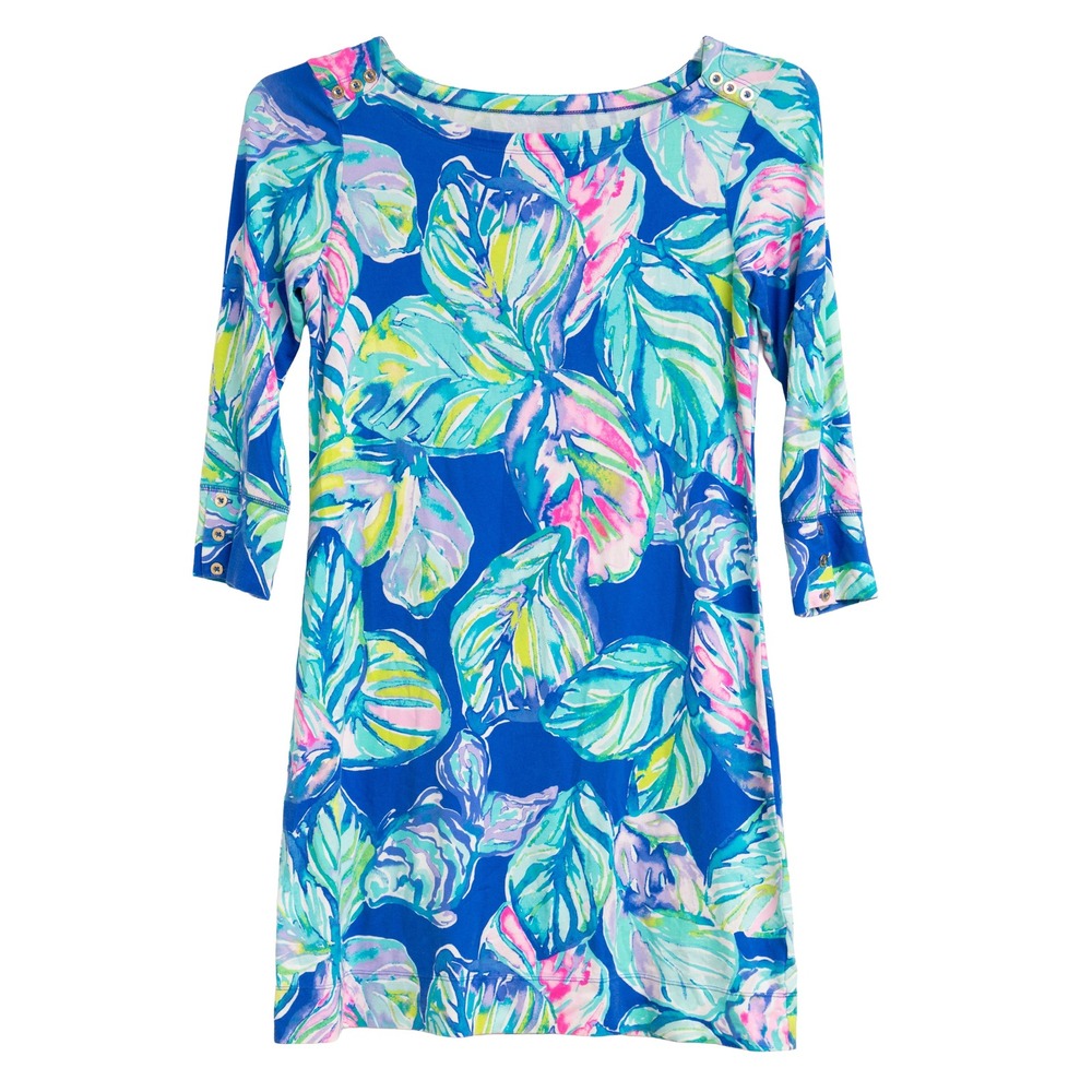 Lilly Pulitzer Sophie Stretchy Dress Sz S Blue Pink Tropical Leaf Palm Beach
